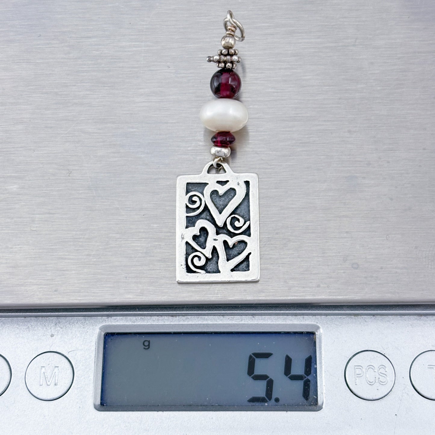 Vintage Sterling Silver 925 Garnet Pearl Hearts Pendant