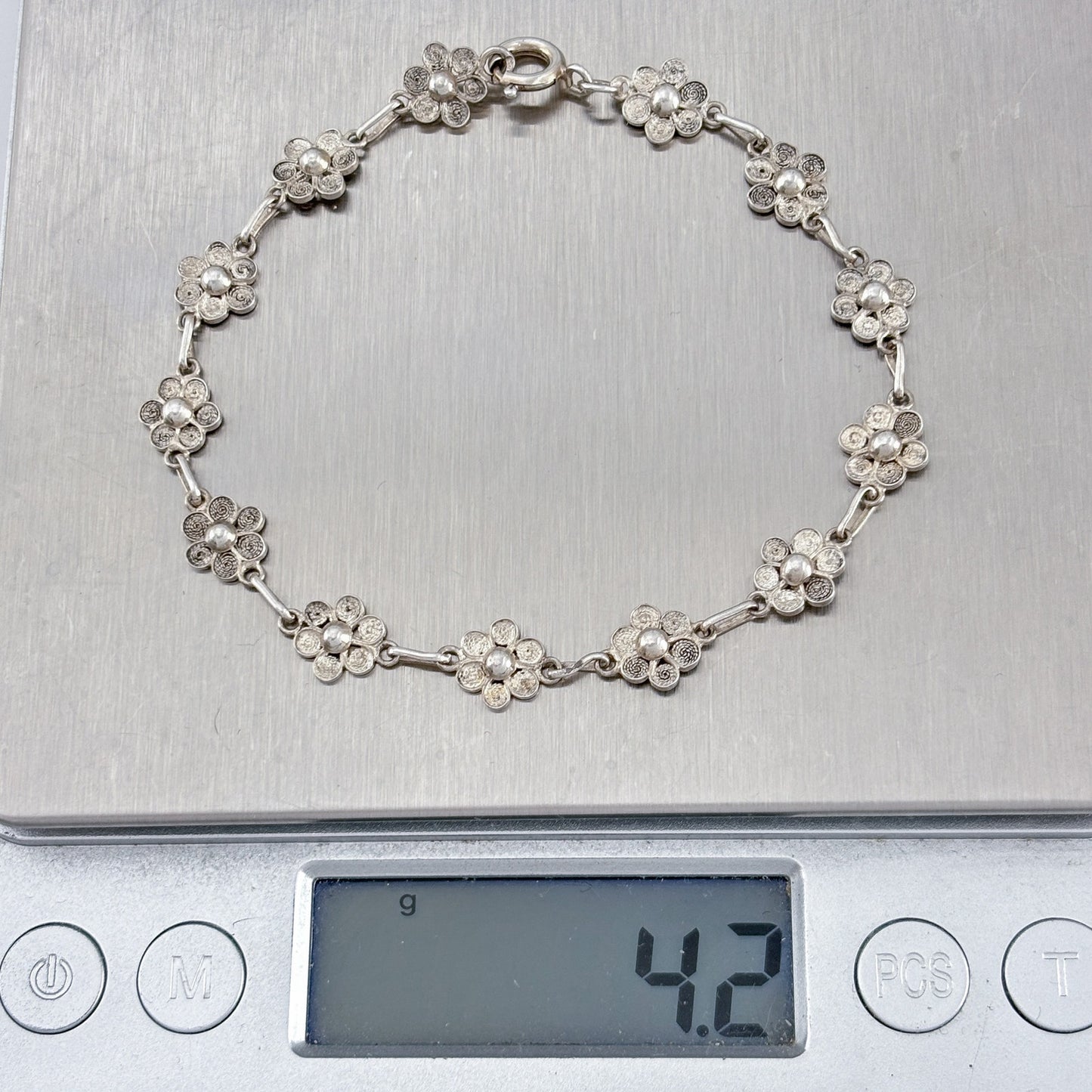 Vintage Sterling Silver 925 Flower Bracelet 7.5"