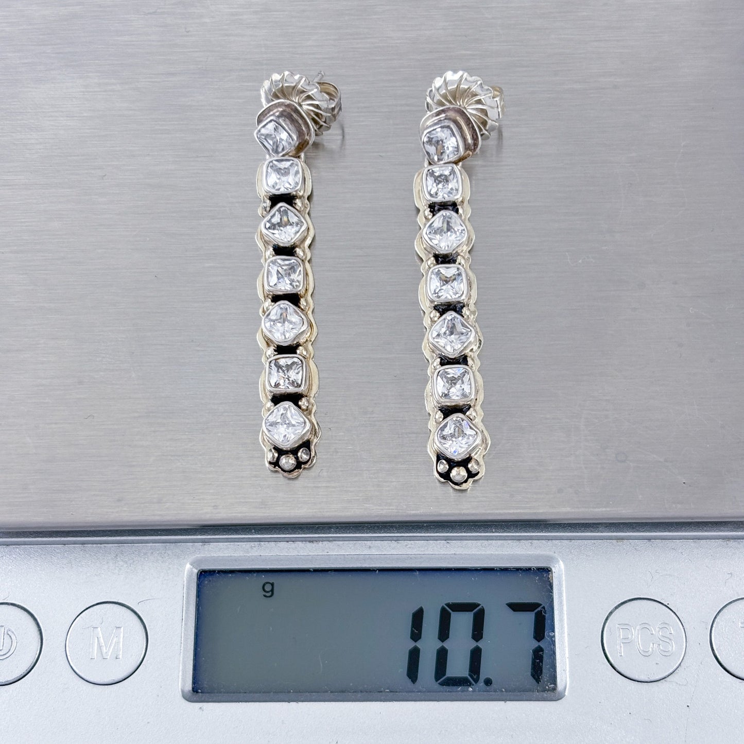 Vintage Sterling Silver 925 Cubic Zirconia Linear Drop Earrings
