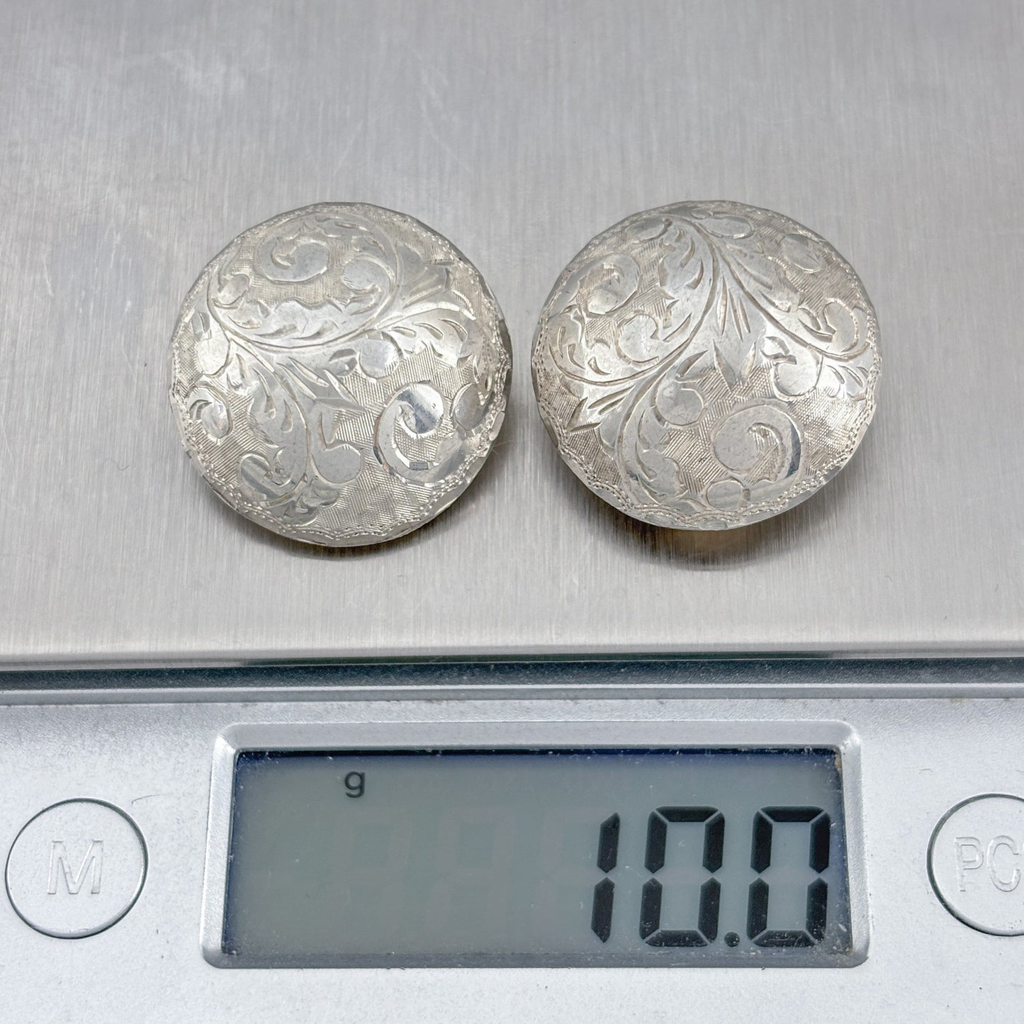 Vintage Sterling Silver 925 Floral Etched Clip On Earrings