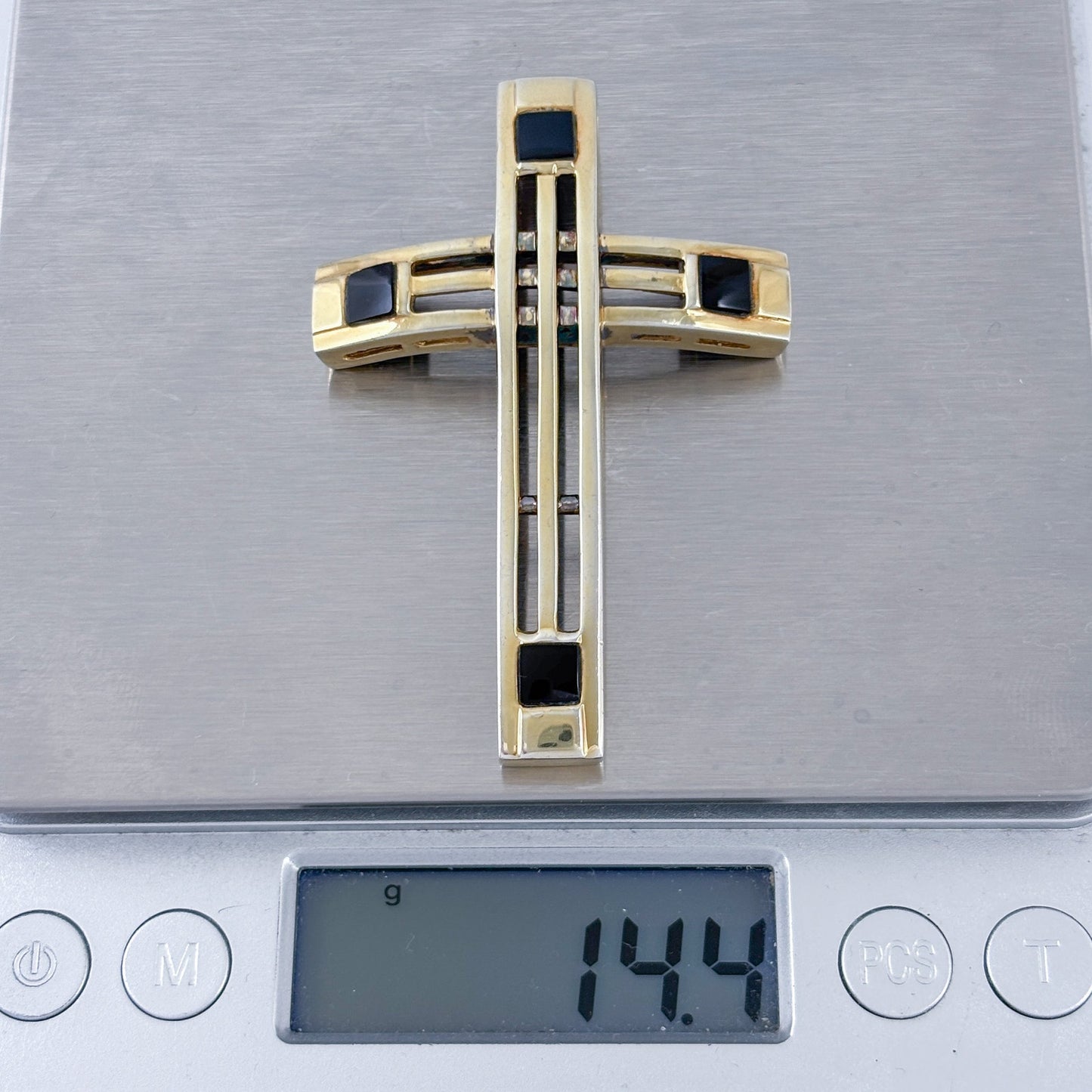 Vintage Sterling Silver 925 Gold Plated Onyx Cross Pendant