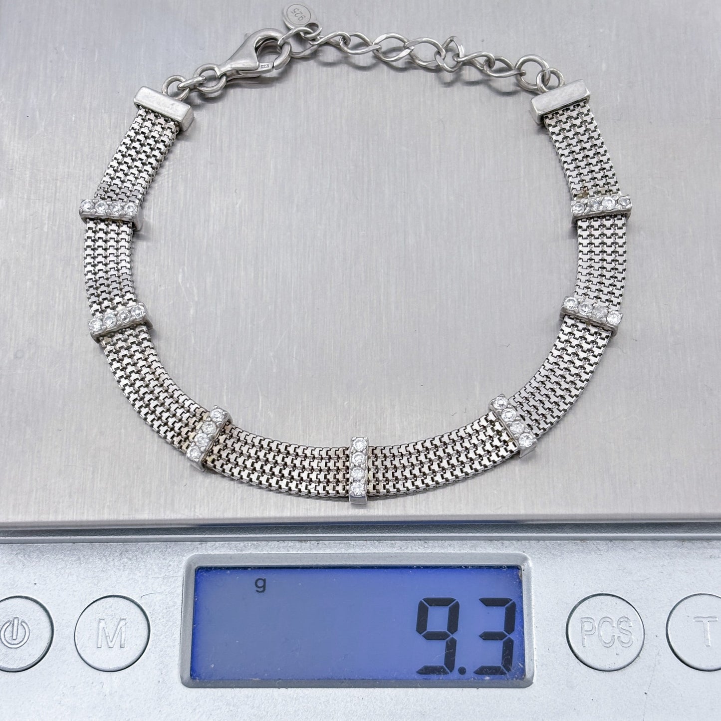 Vintage Sterling Silver 925 Cubic Zirconia Mesh Bracelet 7-8"
