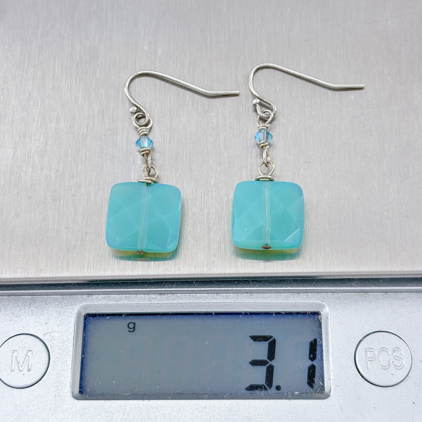 Vintage Sterling Silver 925 Crystal & Glass Square Bead Dangle Earrings