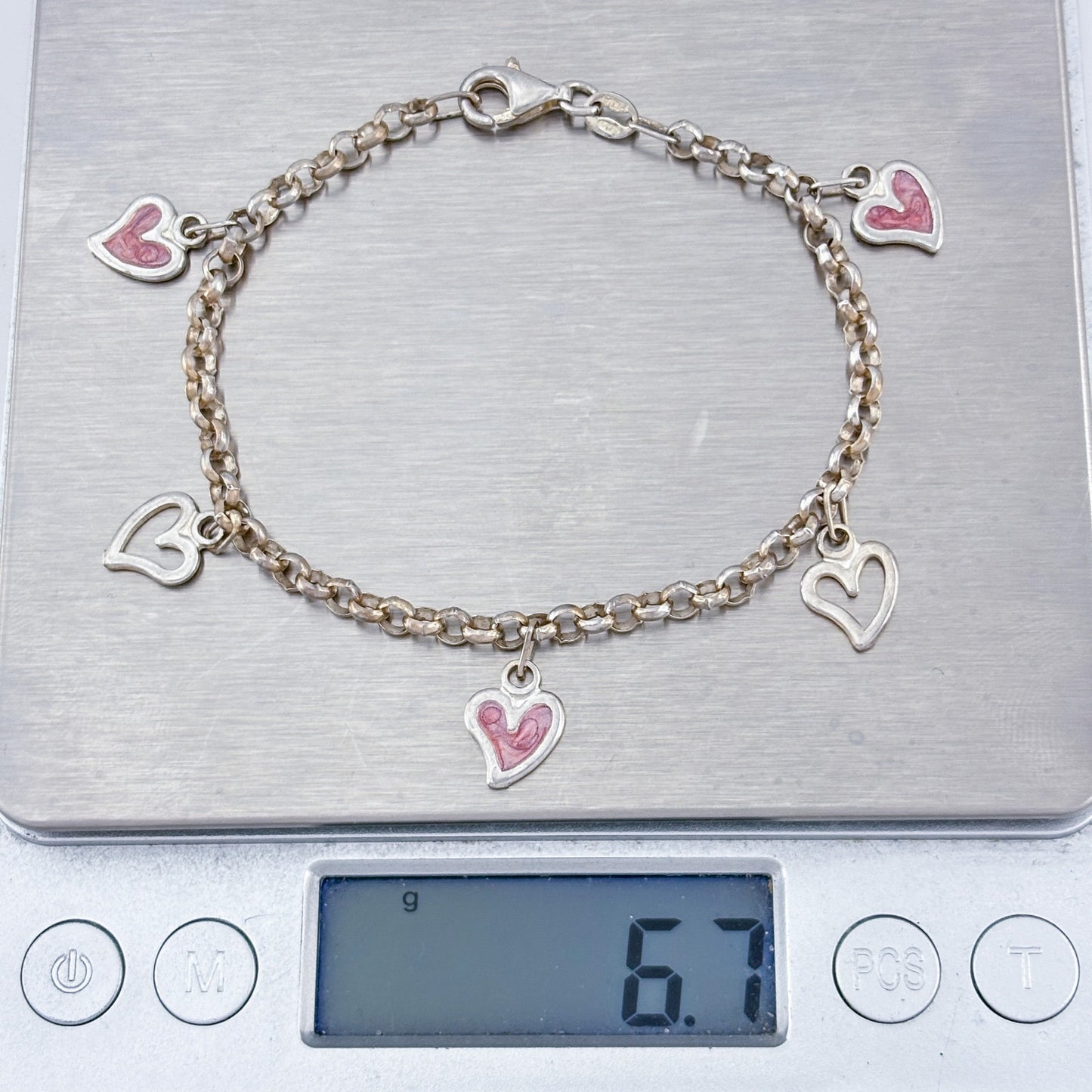Vintage Sterling Silver 925 Pink Heart Charm Bracelet 7"
