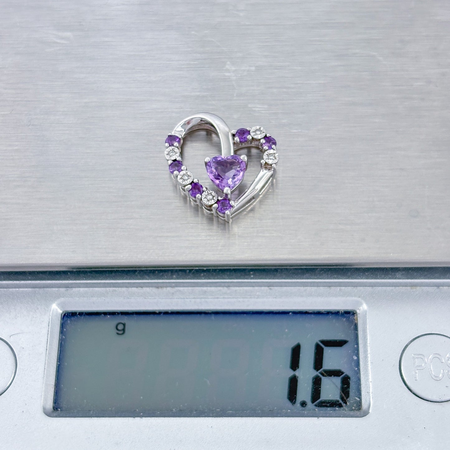 Vintage Sterling Silver 925 Amethyst Diamond Heart Pendant