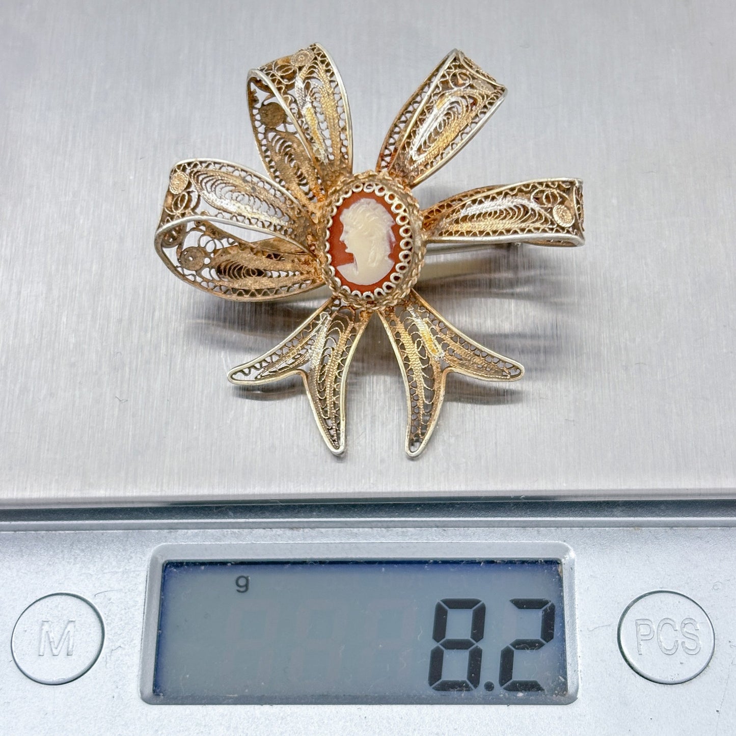 Vintage Vermeil Over Sterling Silver 800 Shell Cameo Filigree Bow Brooch