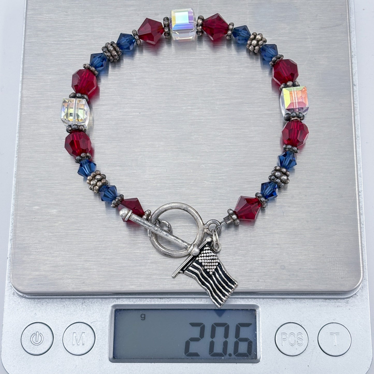 Vintage Sterling Silver 925 Patriotic Crystal Flag Charm Bracelet 7.5"