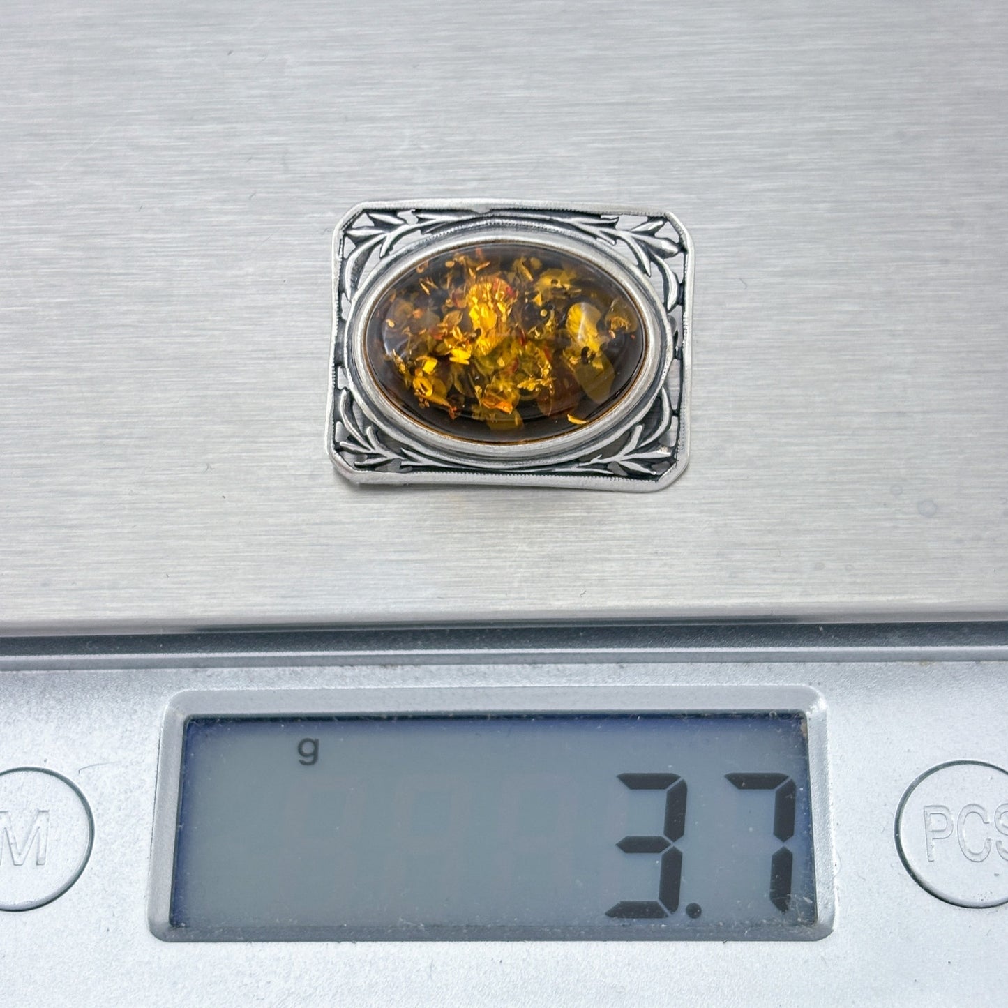 Vintage Sterling Silver 925 Amber Brooch