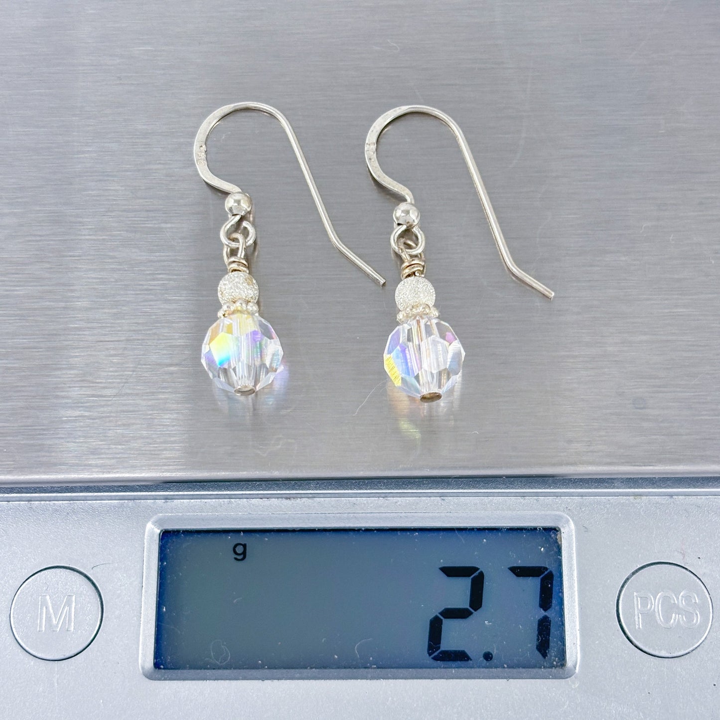 Vintage Sterling Silver 925 AB Aurora Borealis Crystal Drop Earrings