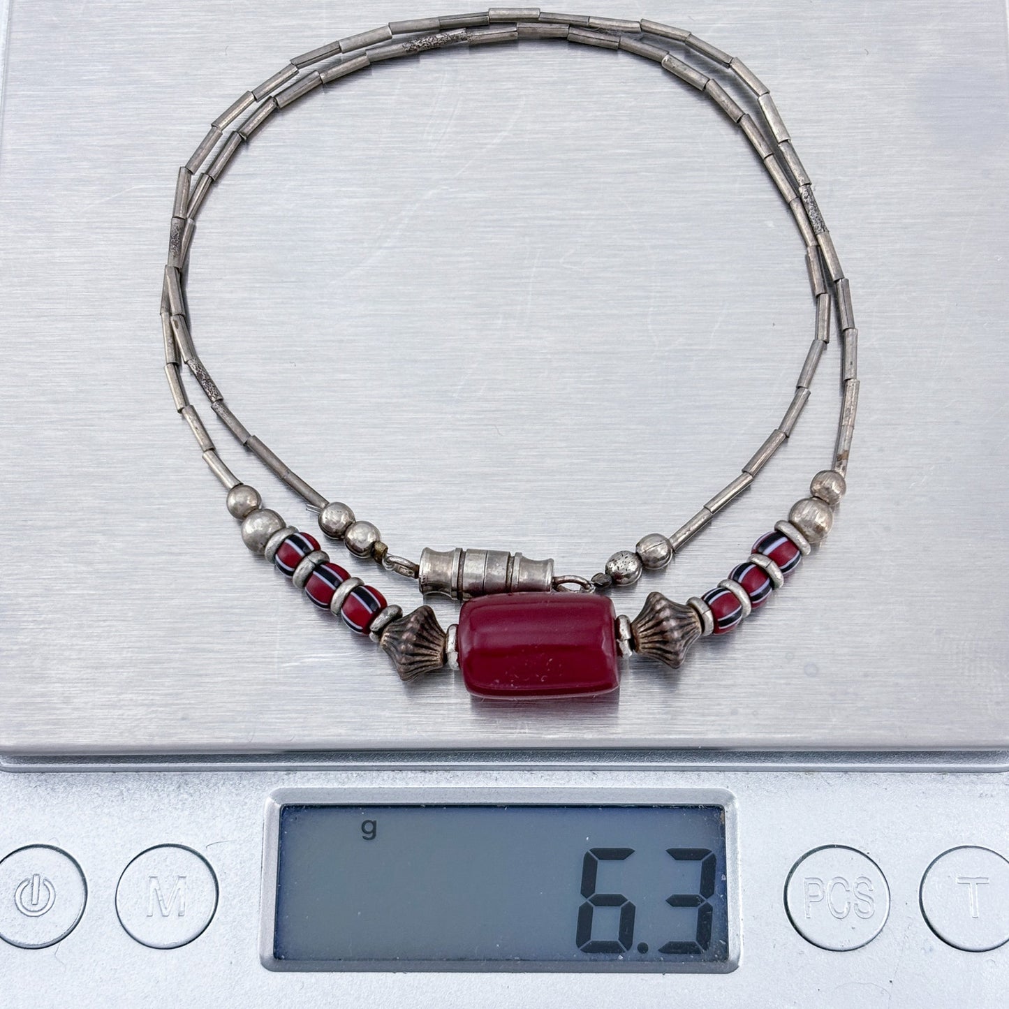Vintage Sterling Silver 925 Liquid Silver Red Glass Necklace 15"