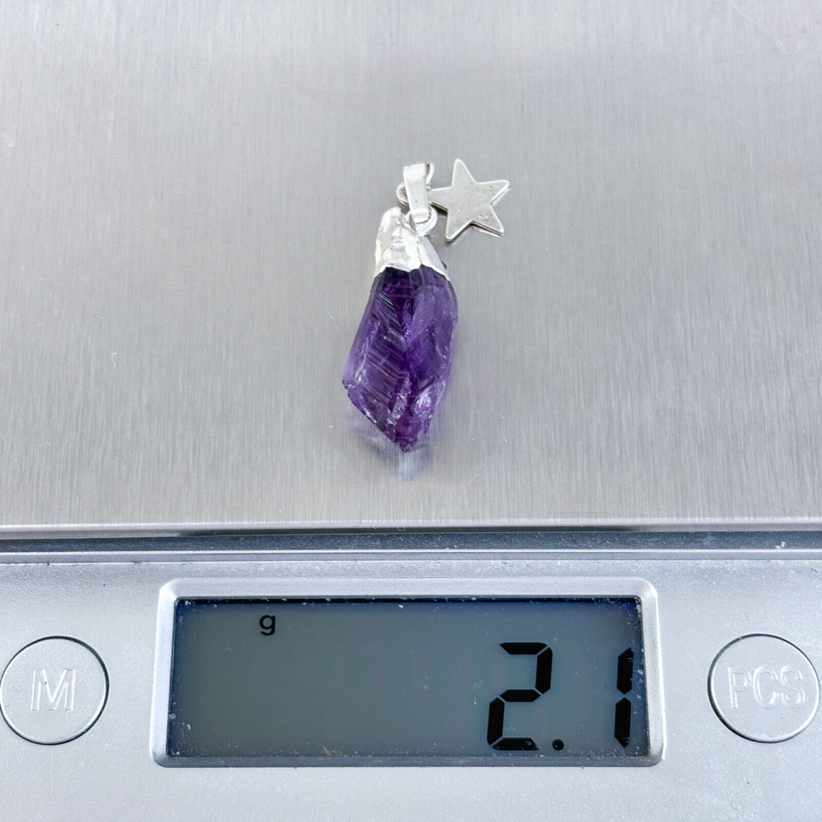 Vintage Silver-Tone Star Charm Amethyst Raw Crystal Pendant