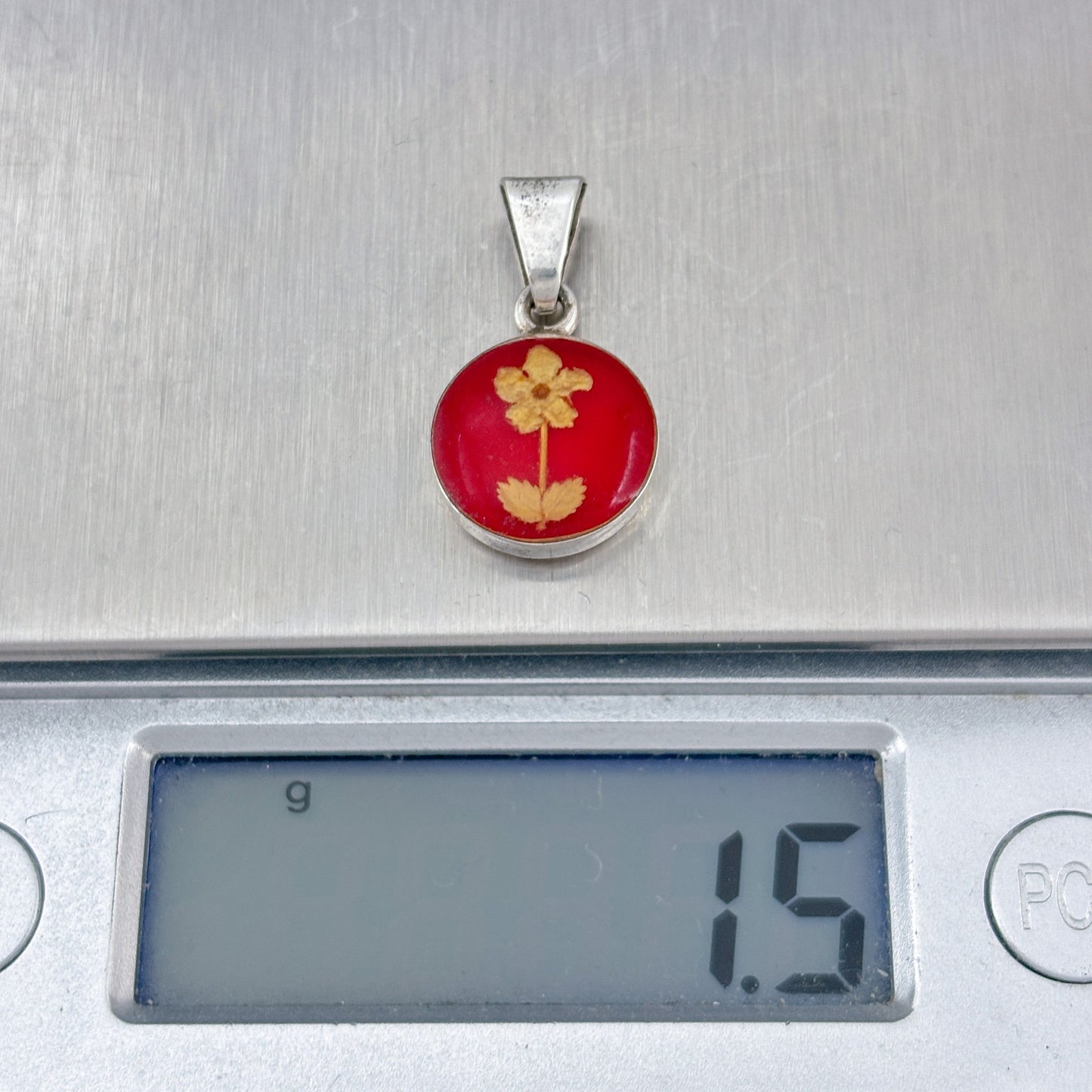 Vintage Sterling Silver 925 Red Pressed Flower Pendant