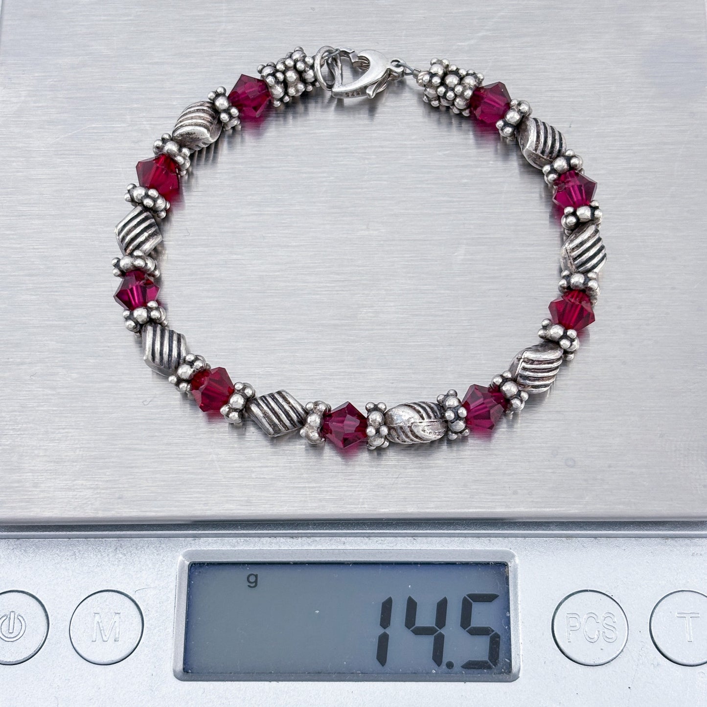 Vintage Sterling Silver 925 Red Crystal Bracelet 7"