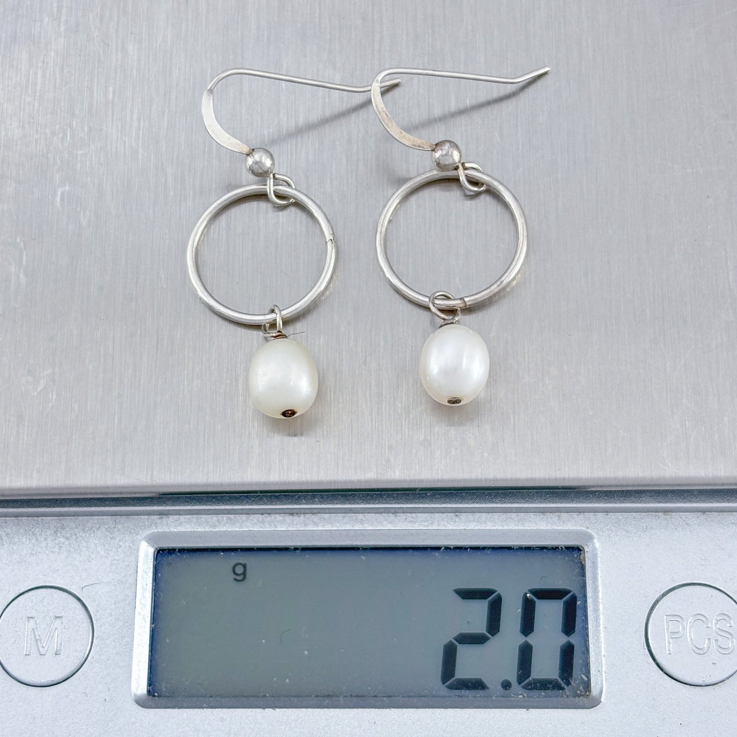 Vintage Sterling Silver 925 White Pearl Hoop Dangle Earrings