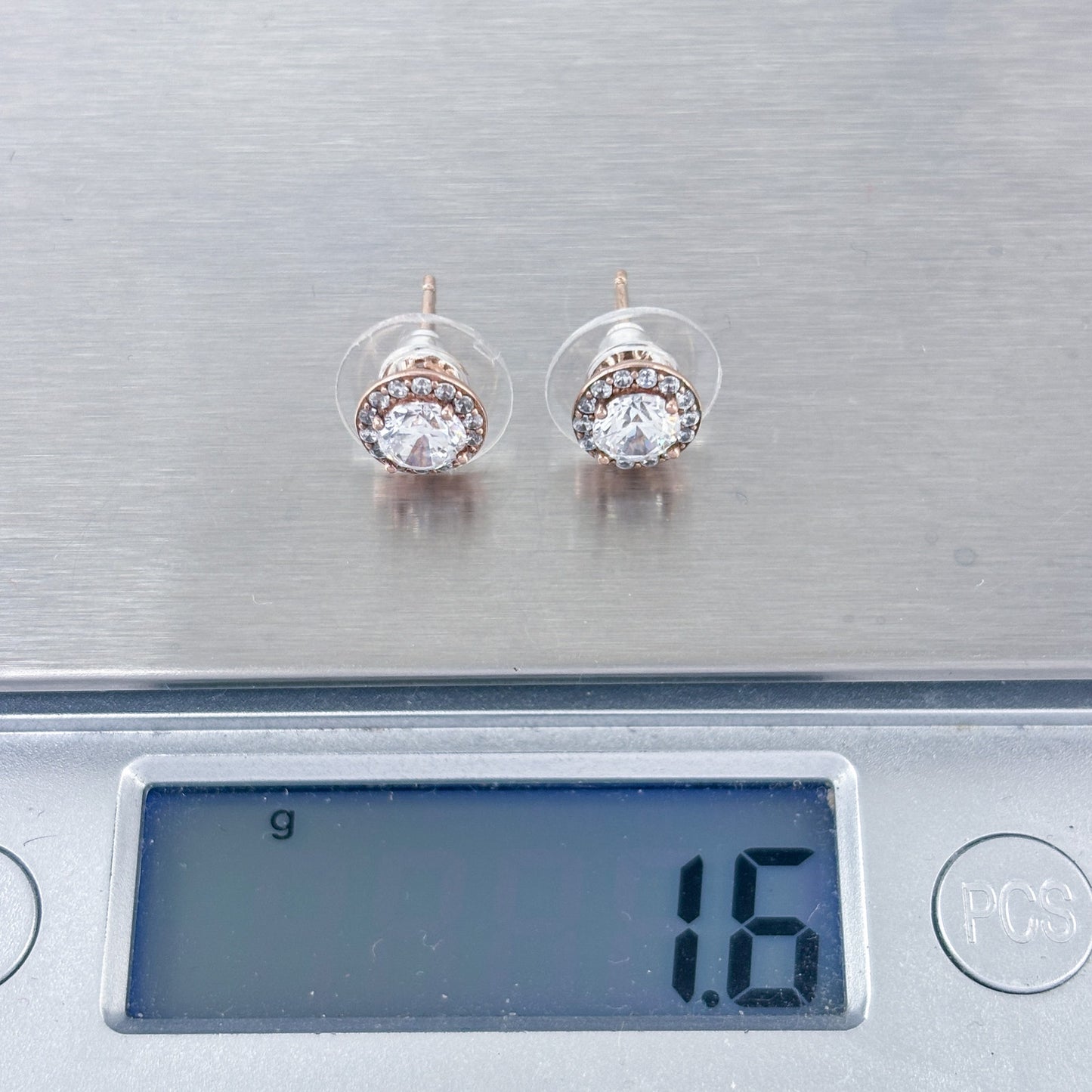 Vintage Rose Gold-Tone Sterling Silver 925 Cubic Zirconia Halo Stud Earrings