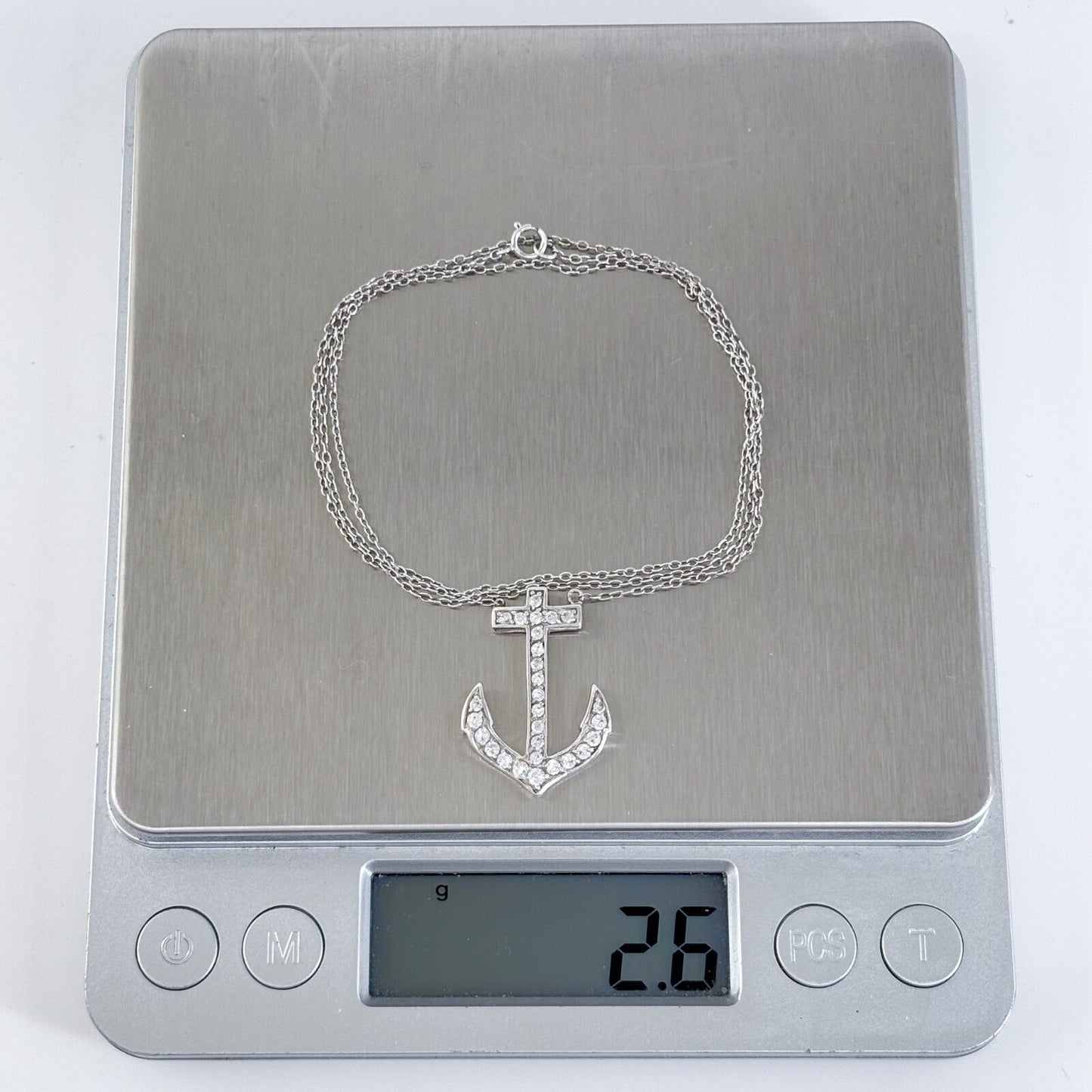 Estate Sterling Silver 925 Anchor Pendant Necklace with Cubic Zirconia 18.5"