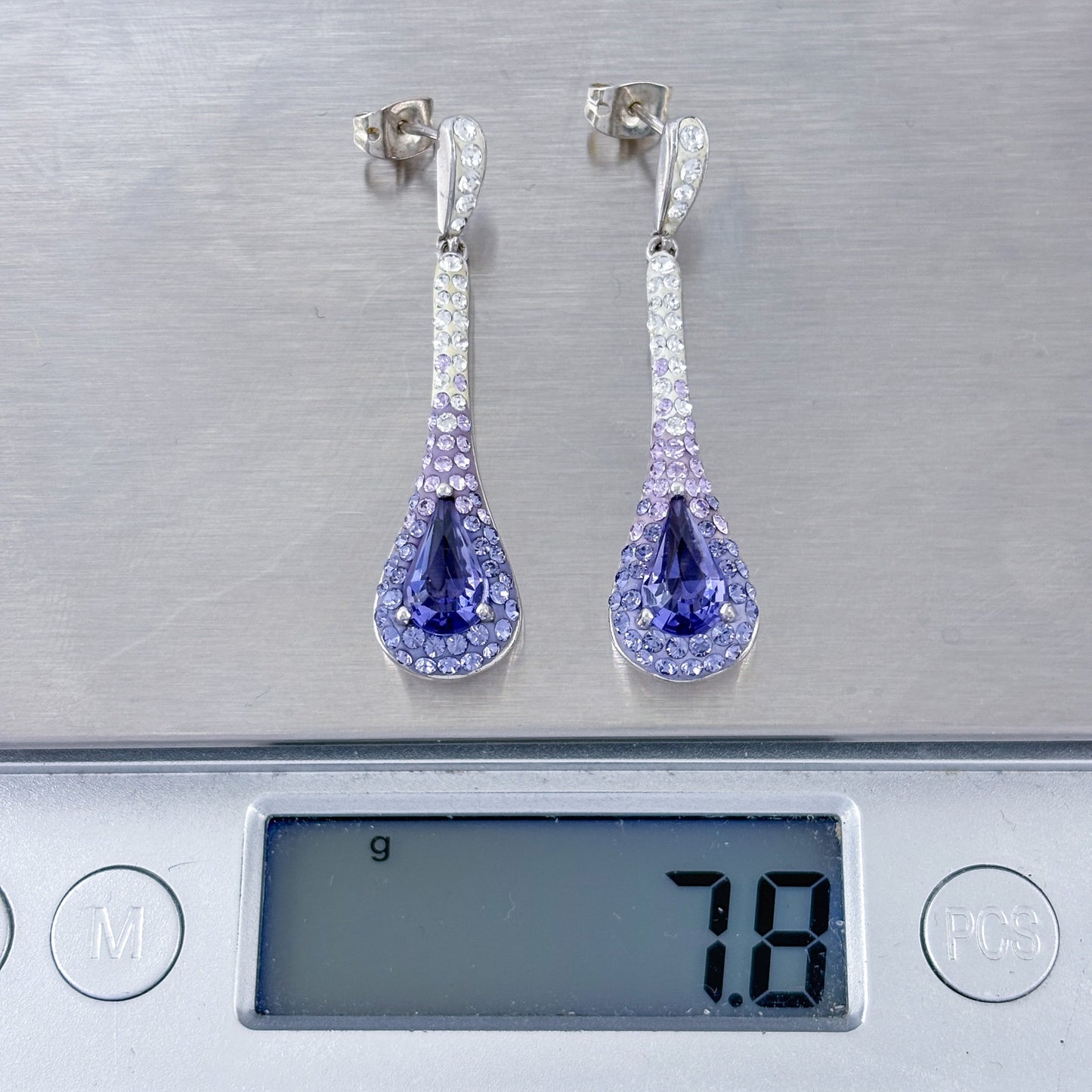 Vintage Sterling Silver 925 Purple Crystal Teardrop Dangle Earrings
