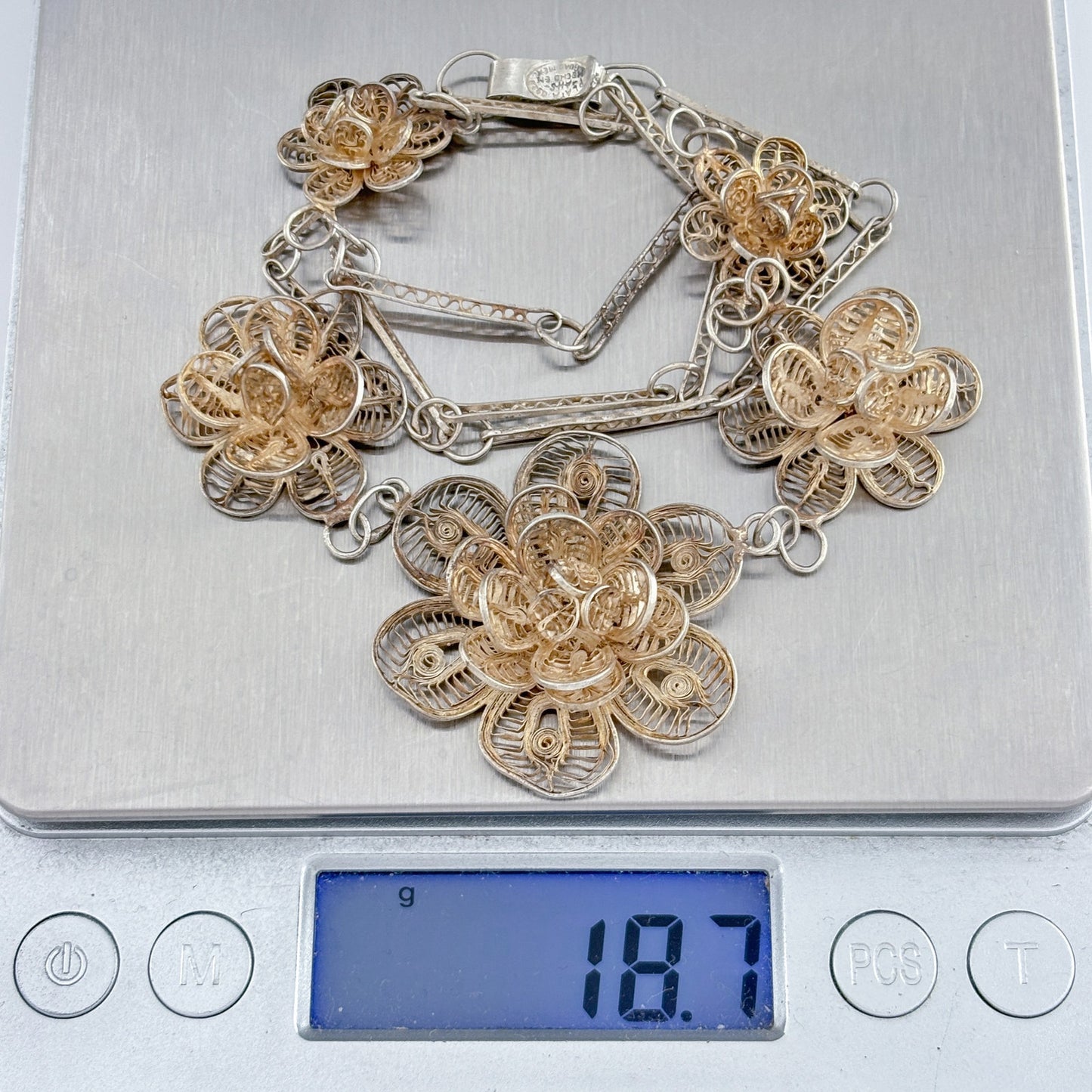 Vintage Mexico Sterling Silver 925 Filigree Flower Necklace 19"