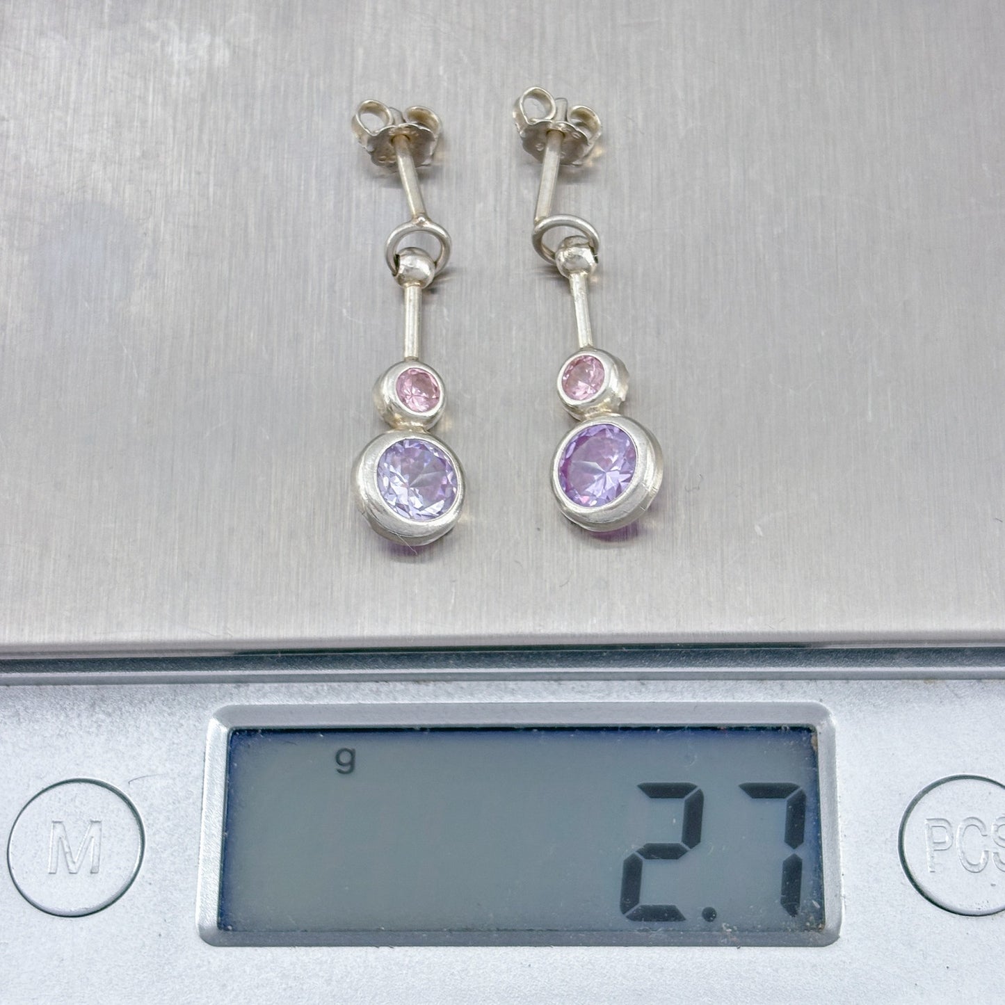 Vintage Sterling Silver 925 Purple Pink Crystal Dangle Earrings