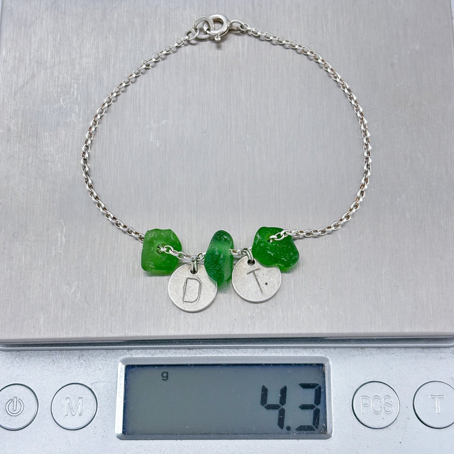 Vintage Sterling Silver 925 Sea Glass Initial DT or TD Bracelet 7"