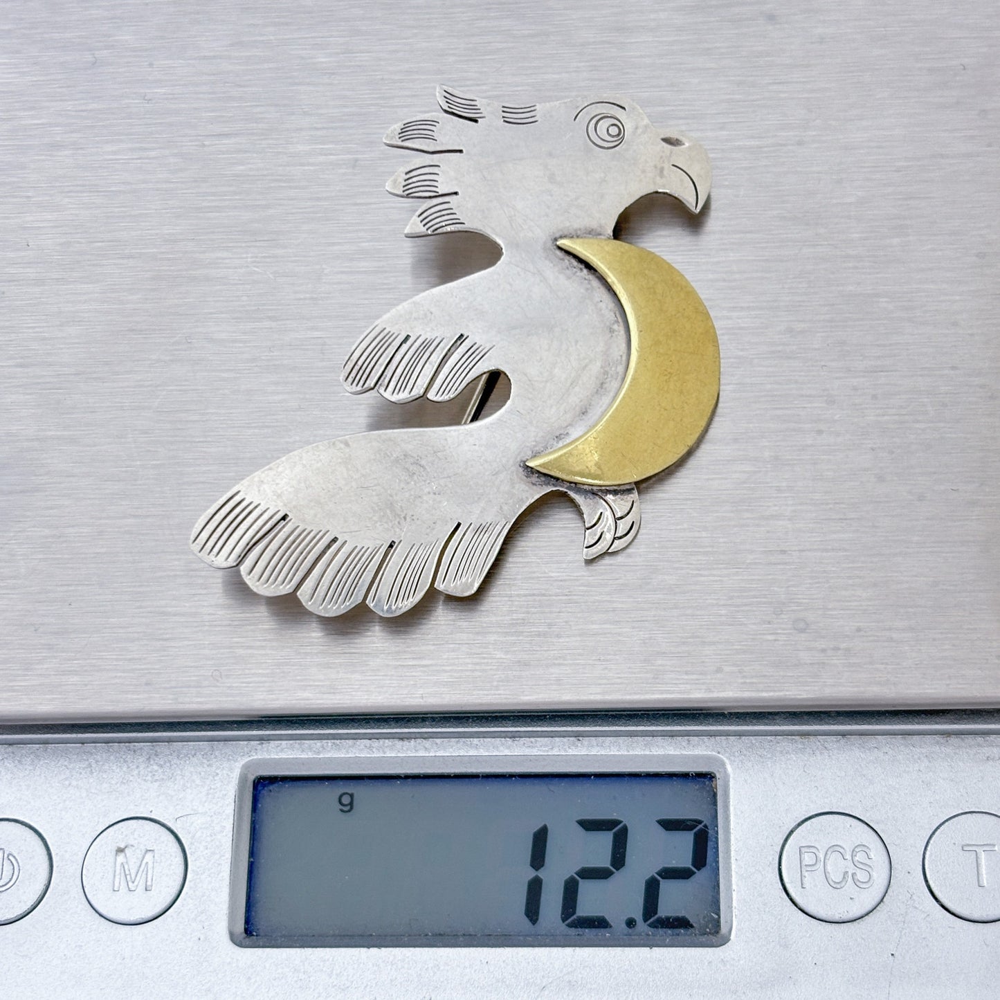 Vintage Sterling Silver 925 Bird Brass Moon Brooch