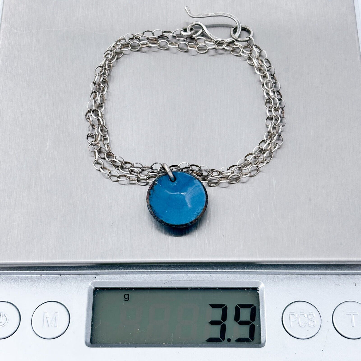 Vintage Silver-Tone Chain Necklace with Blue Enamel Pendant 18.75"