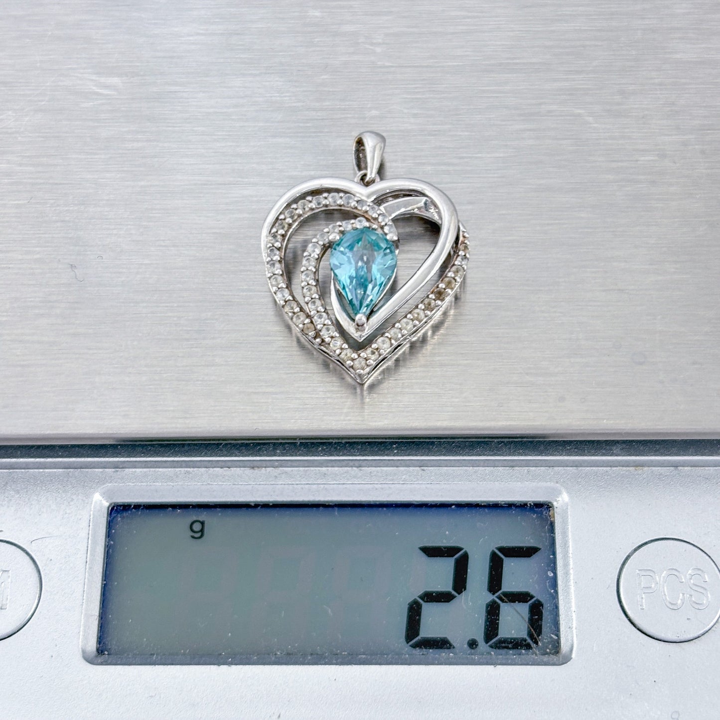 Vintage Sterling Silver 925 Blue Topaz Diamond Heart Pendant