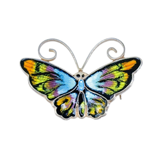 David Andersen Norway Guilloche Blue Enamel Butterfly Brooch Sterling Silver Pin
