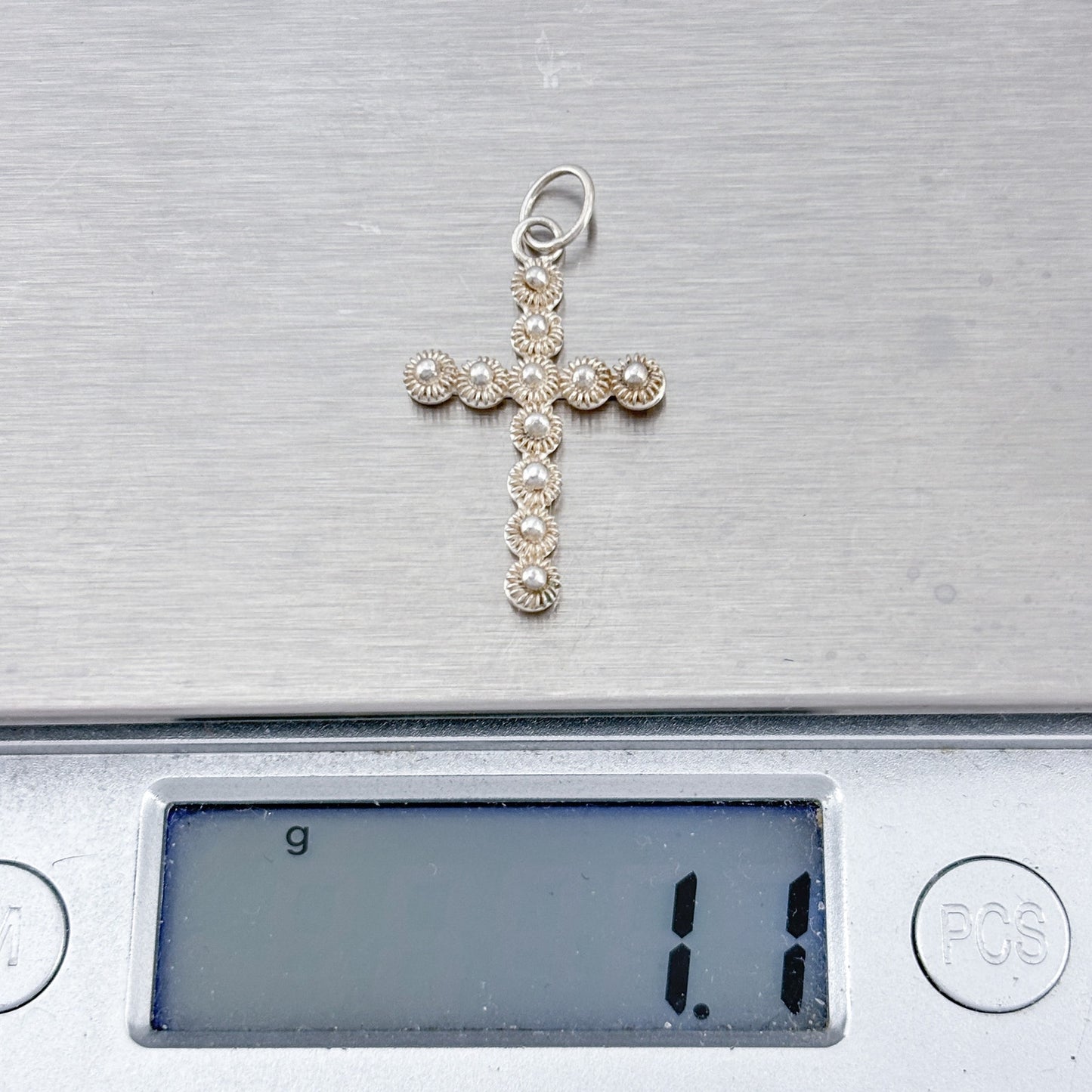 Vintage Sterling Silver 925 Flower Button Cross Pendant