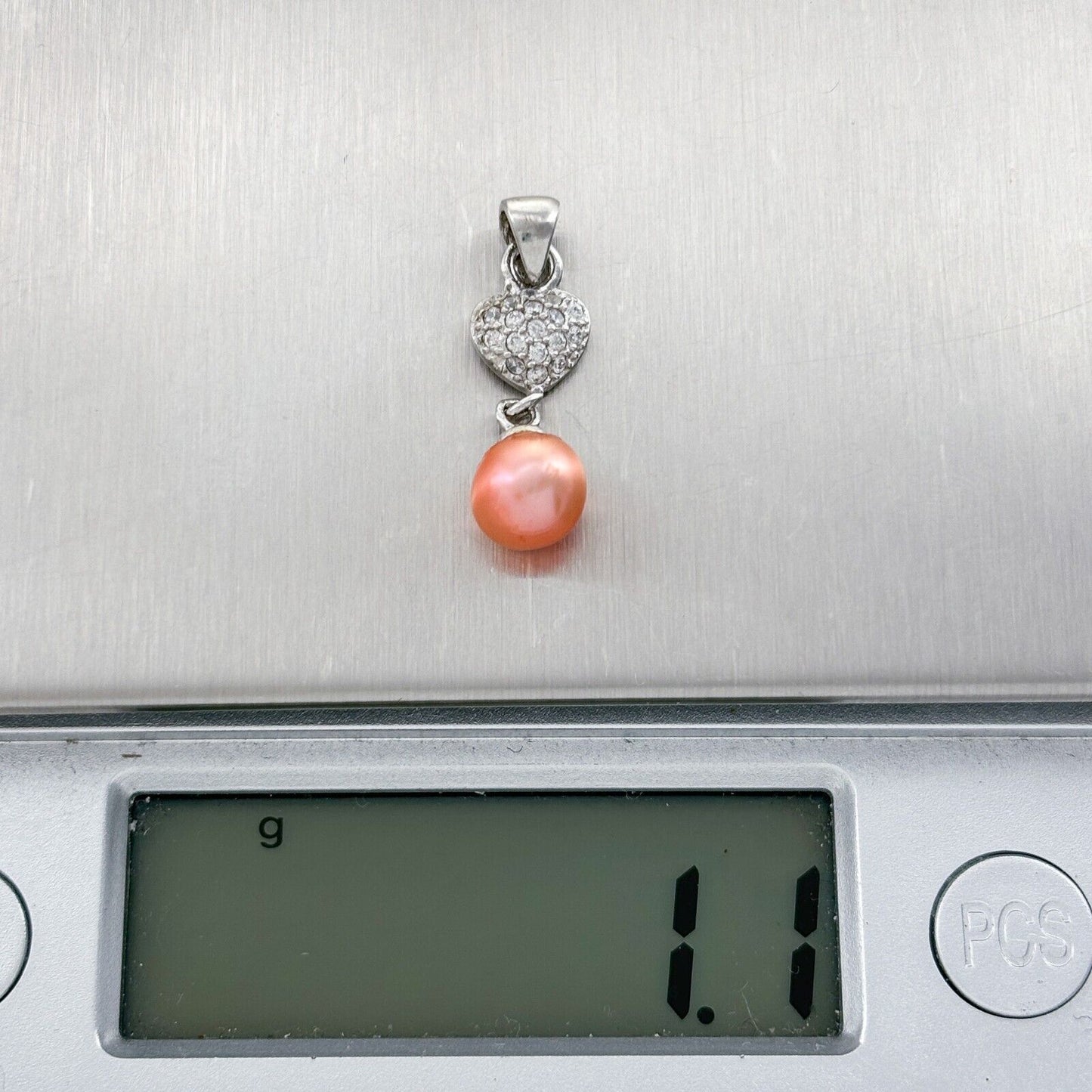 Vintage Sterling Silver 925 Cubic Zirconia Heart Pink Pearl Dangle Pendant