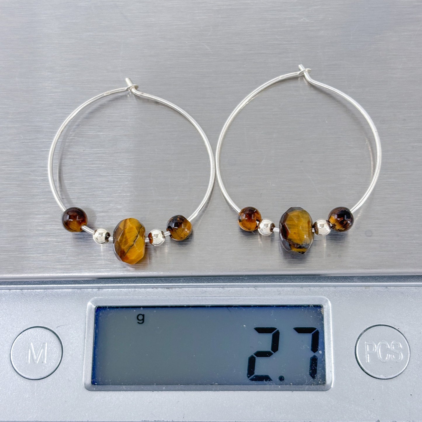Estate Sterling Silver 925 Tiger's Eye Beaded Hoop Earrings