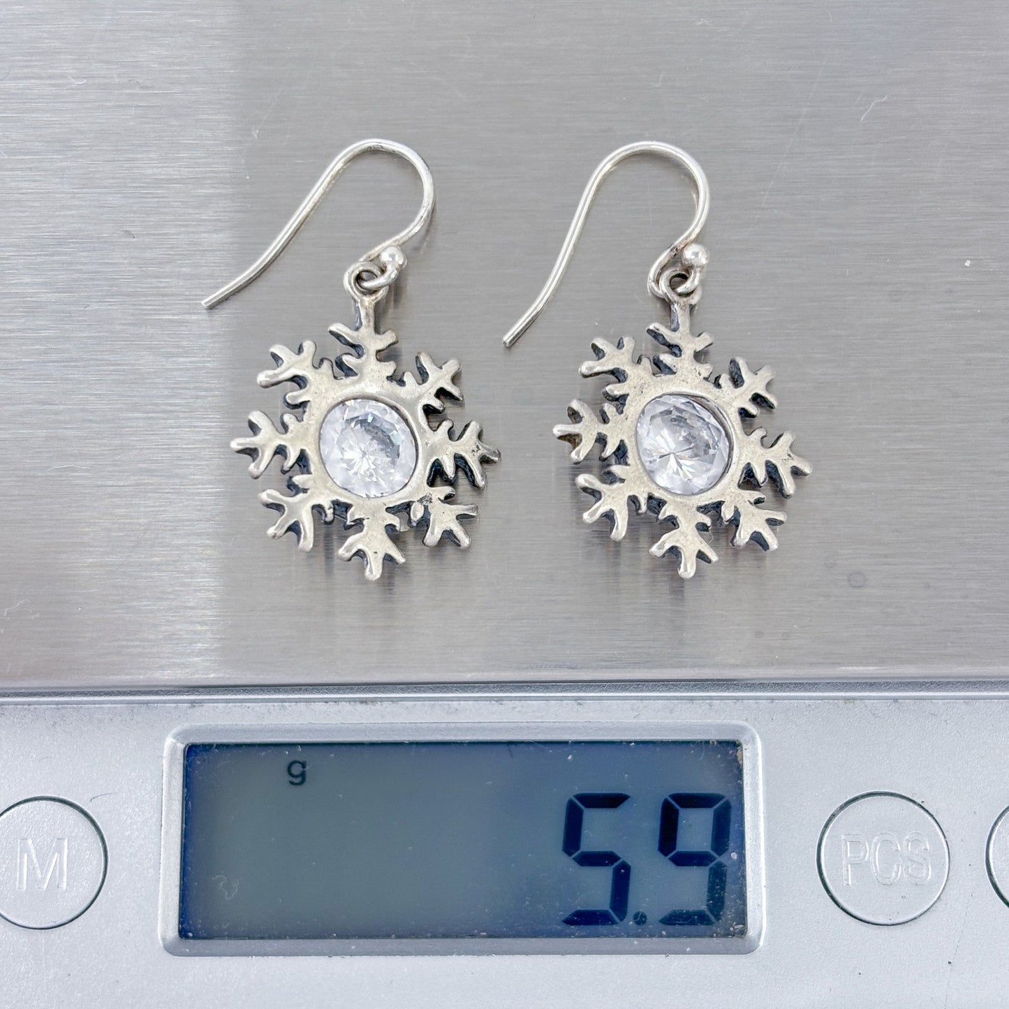 Estate Sterling Silver 925 Snowflake Cubic Zirconia Earrings