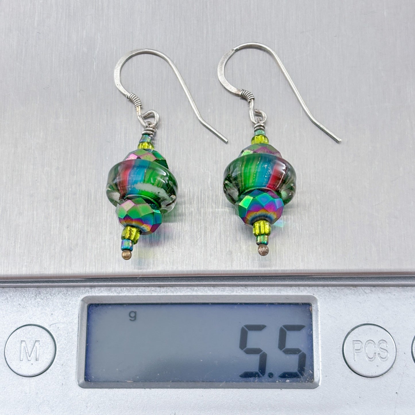 Vintage Sterling Silver 925 Green Rainbow Glass Bead Dangle Earrings