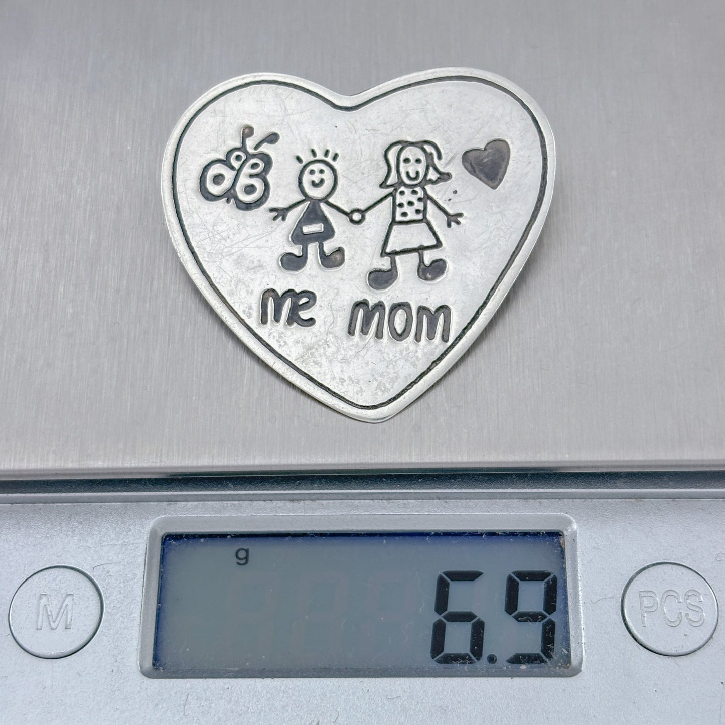 Vintage Mexico EFS Sterling Silver 925 Mommy and Child Heart Pin Brooch