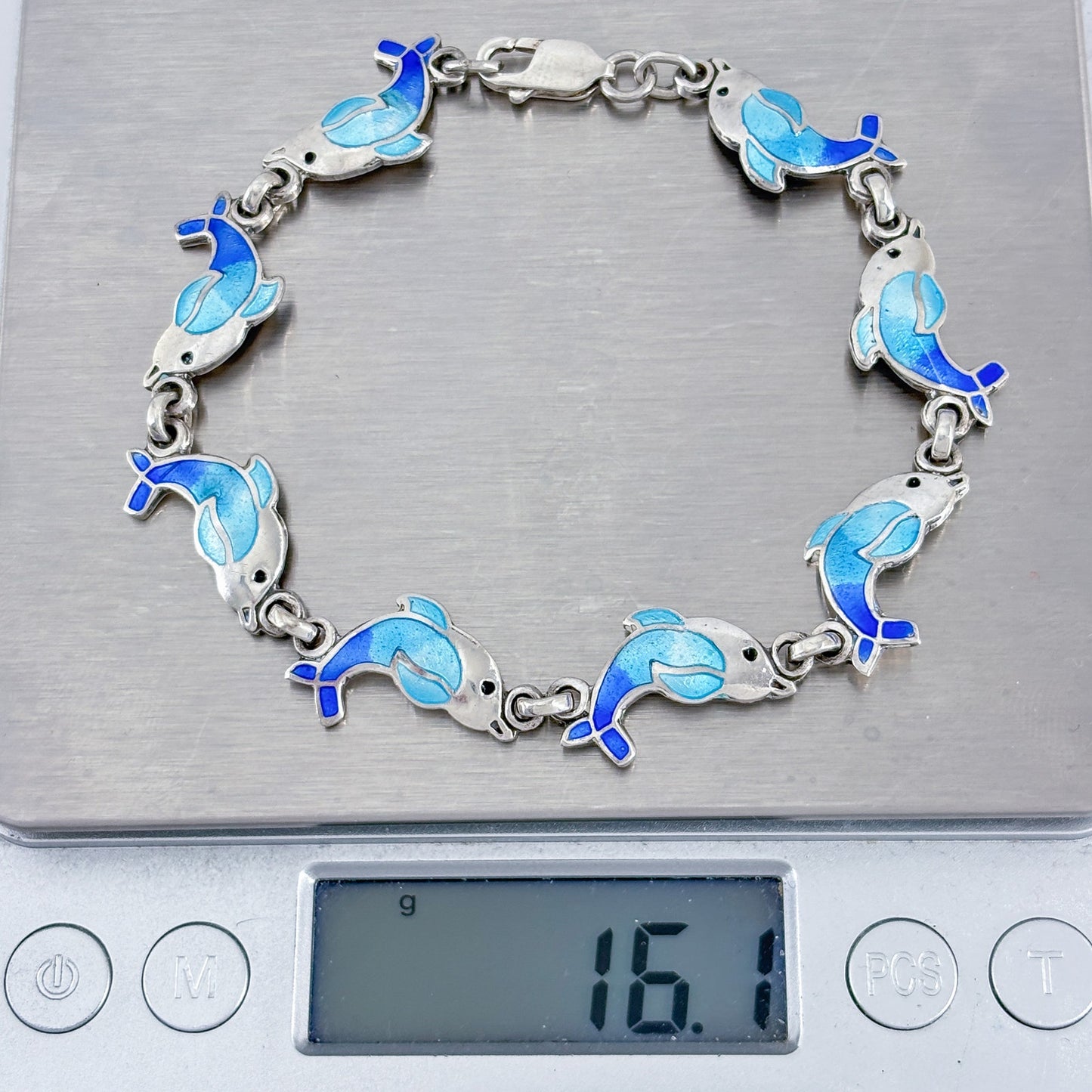 Vintage Sterling Silver 925 Blue Enamel Dolphin Bracelet 8"