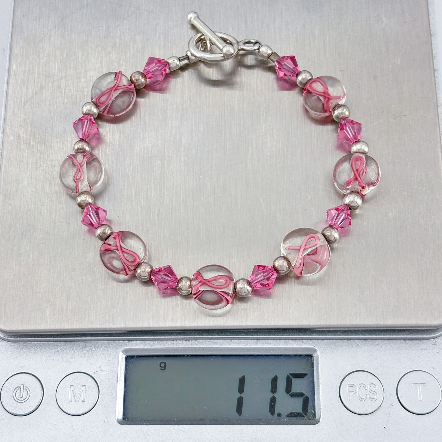 Vintage Sterling Silver 925 Lampwork Glass Pink Ribbon Awareness Bracelet 7.5"