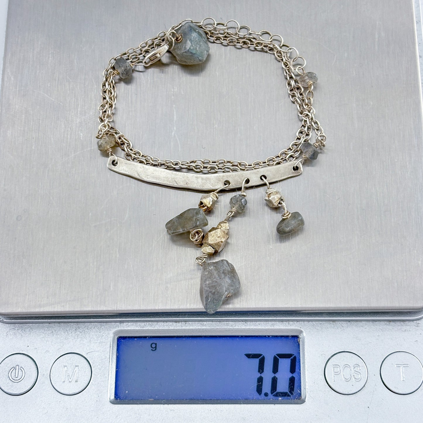 Vintage Sterling Silver 925 Labradorite Bar Necklace 16-18"