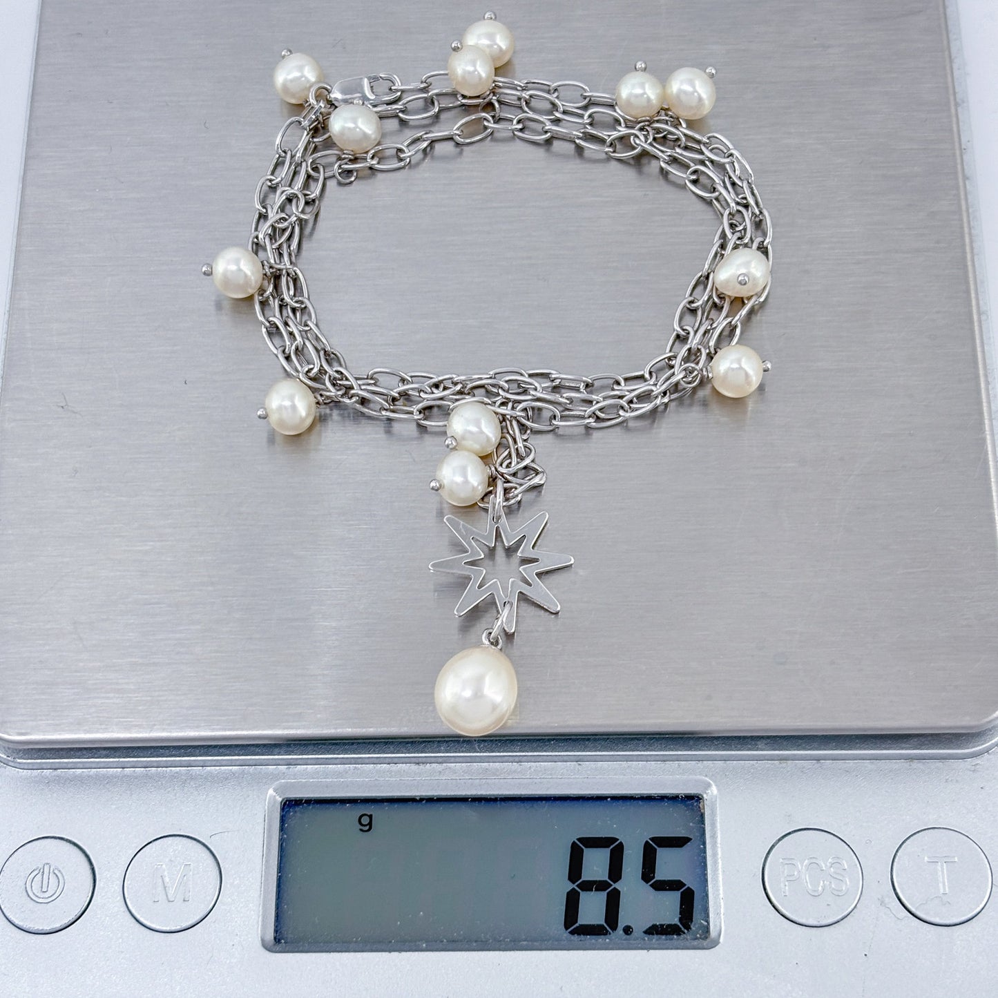 Vintage Sterling Silver 925 Pearl Star Lariat Necklace 16.5"-17.5"