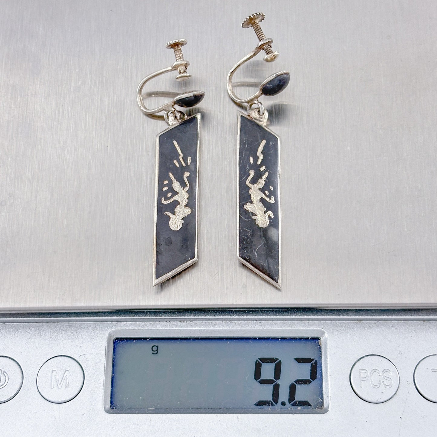 Vintage Sterling Silver 925 Black Siam Niello Long Drop Earrings