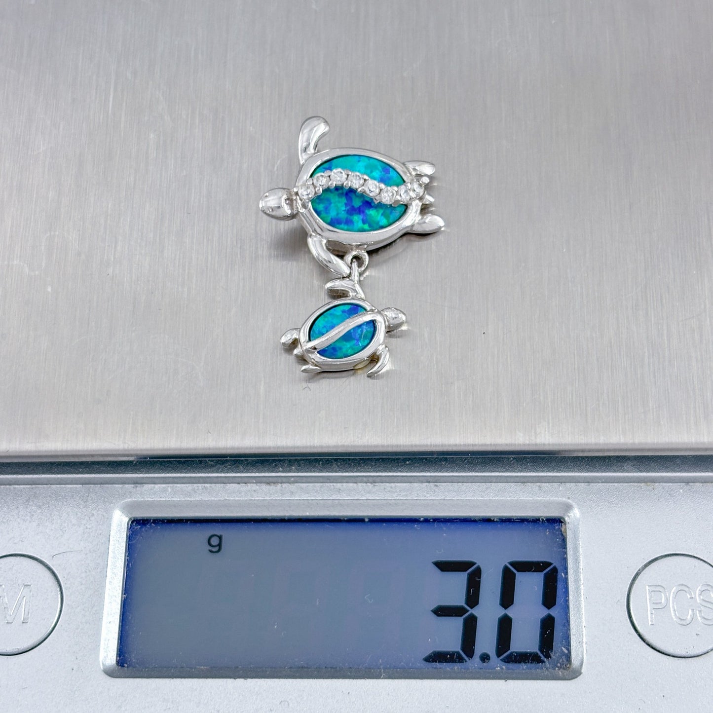 Vintage Sterling Silver 925 Opal CZ Turtle Mother Baby Pendant