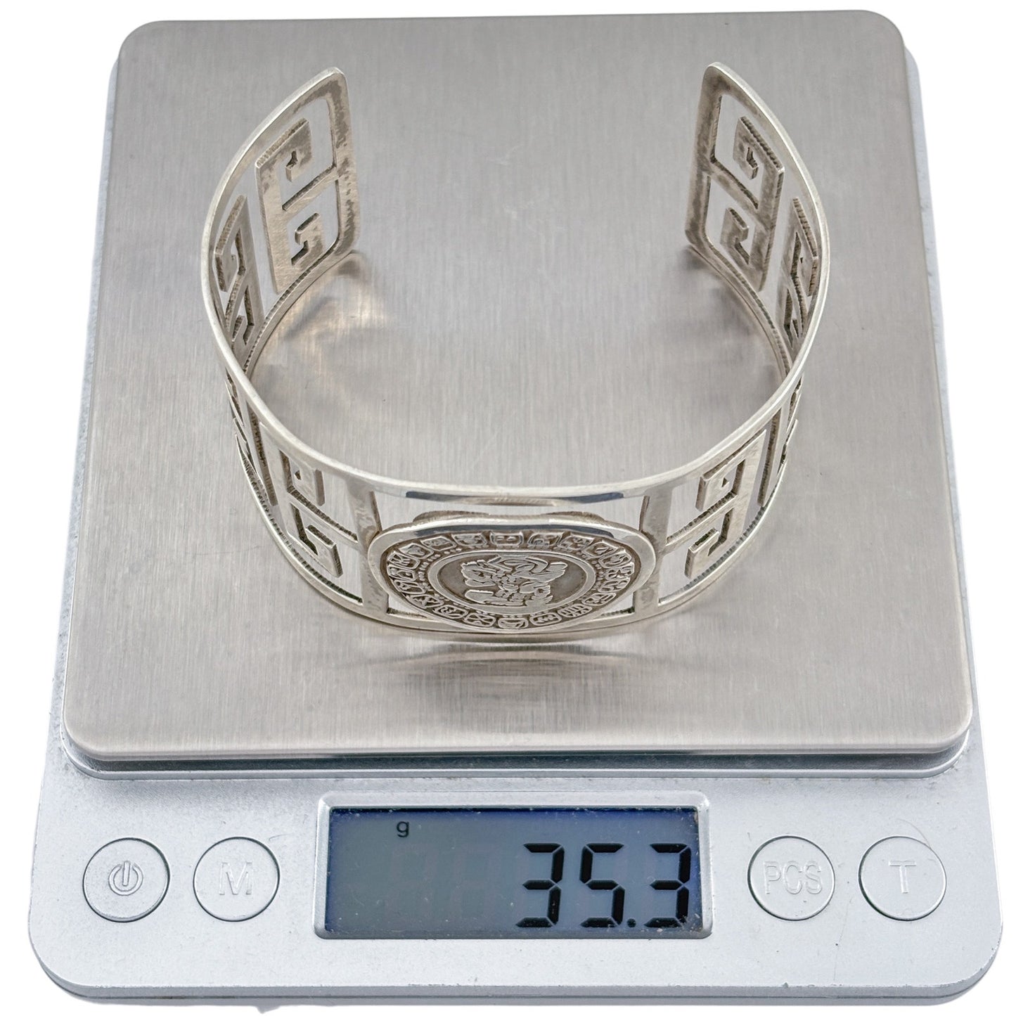 Vintage Mexico Sterling Silver 925 Aztec Mayan Medallion Cuff Bracelet 7.5"