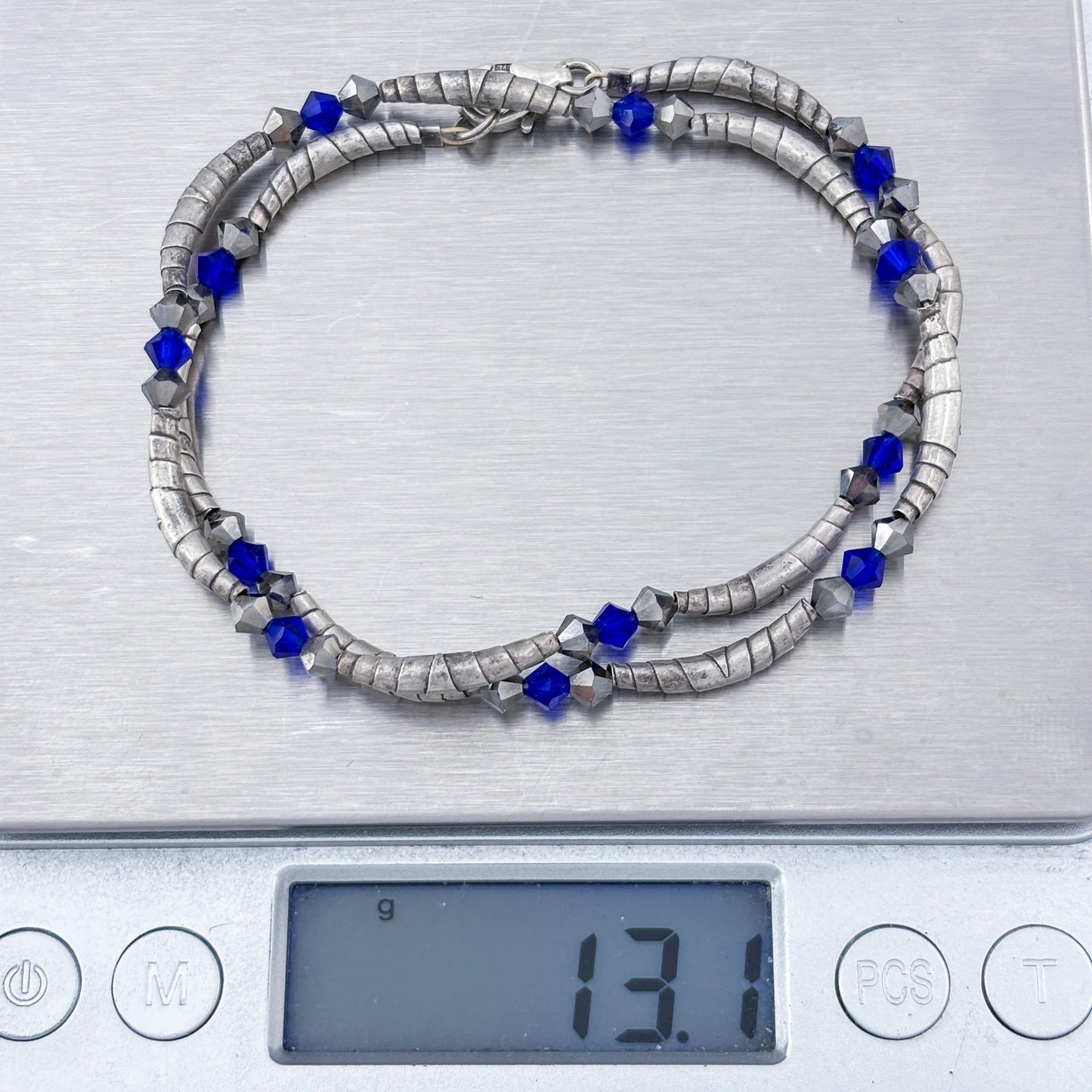Vintage Sterling Silver 925 Blue Crystal Beaded Necklace 15"