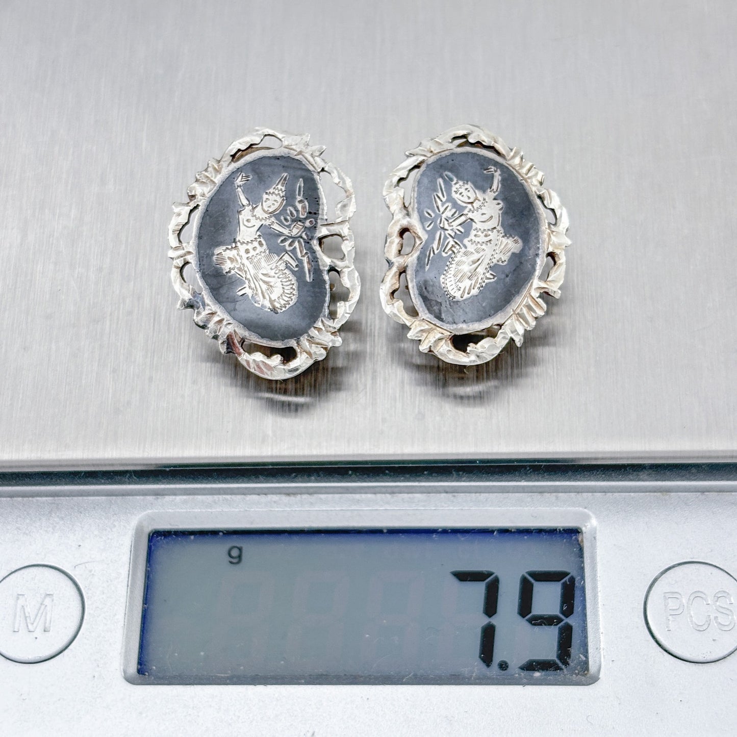 Vintage Sterling Silver 925 Black Siam Dancer Clip On Earrings