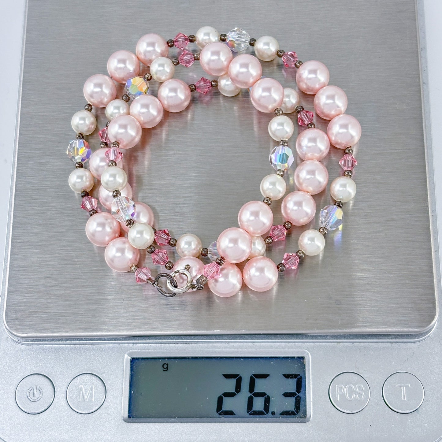 Vintage Sterling Silver 925 Pink Pearl & Crystal Beaded Necklace 20"
