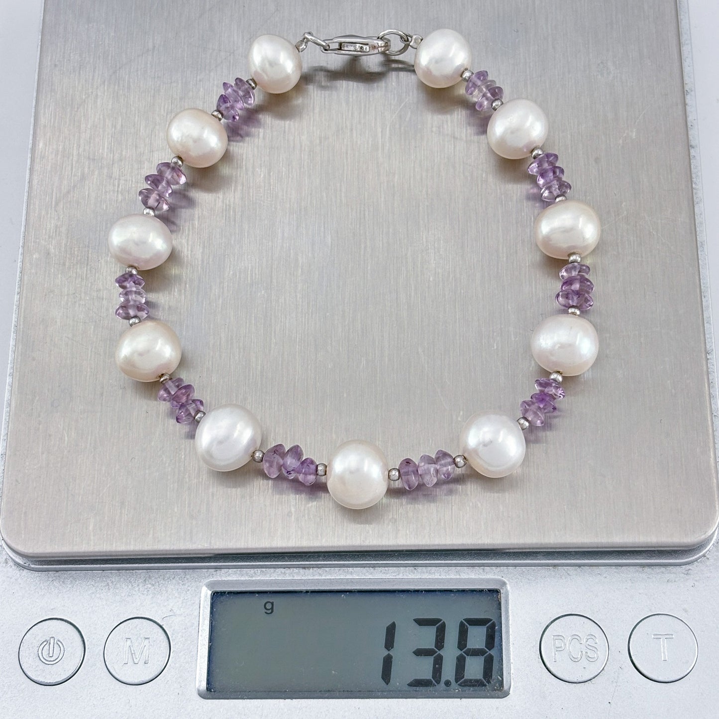 Vintage Sterling Silver 925 Pearl Amethyst Bracelet 8"