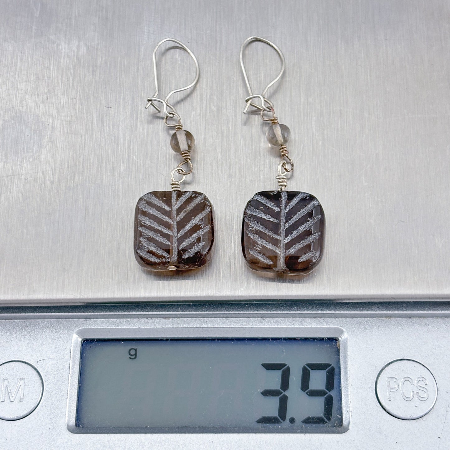 Vintage Sterling Silver 925 Smoky Quartz Etched Leaf Earrings