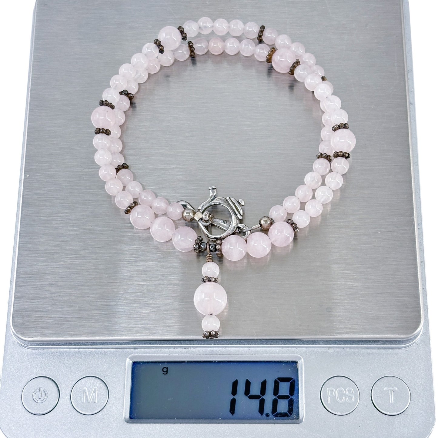 Vintage Sterling Silver 925 Rose Quartz Teapot Spoon Clasp Necklace 14"
