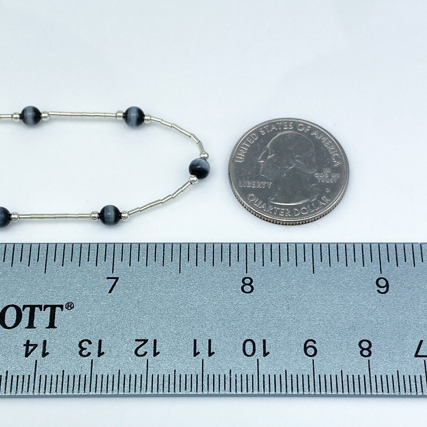 Vintage Sterling Silver 925 Black Cat’s Eye Bead Necklace 16"