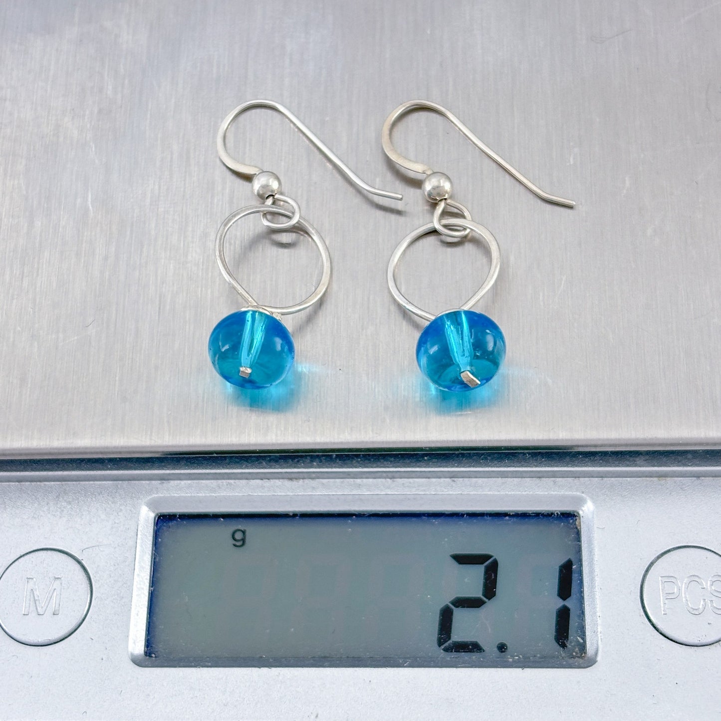 Vintage Sterling Silver 925 Blue Glass Hoop Dangle Earrings