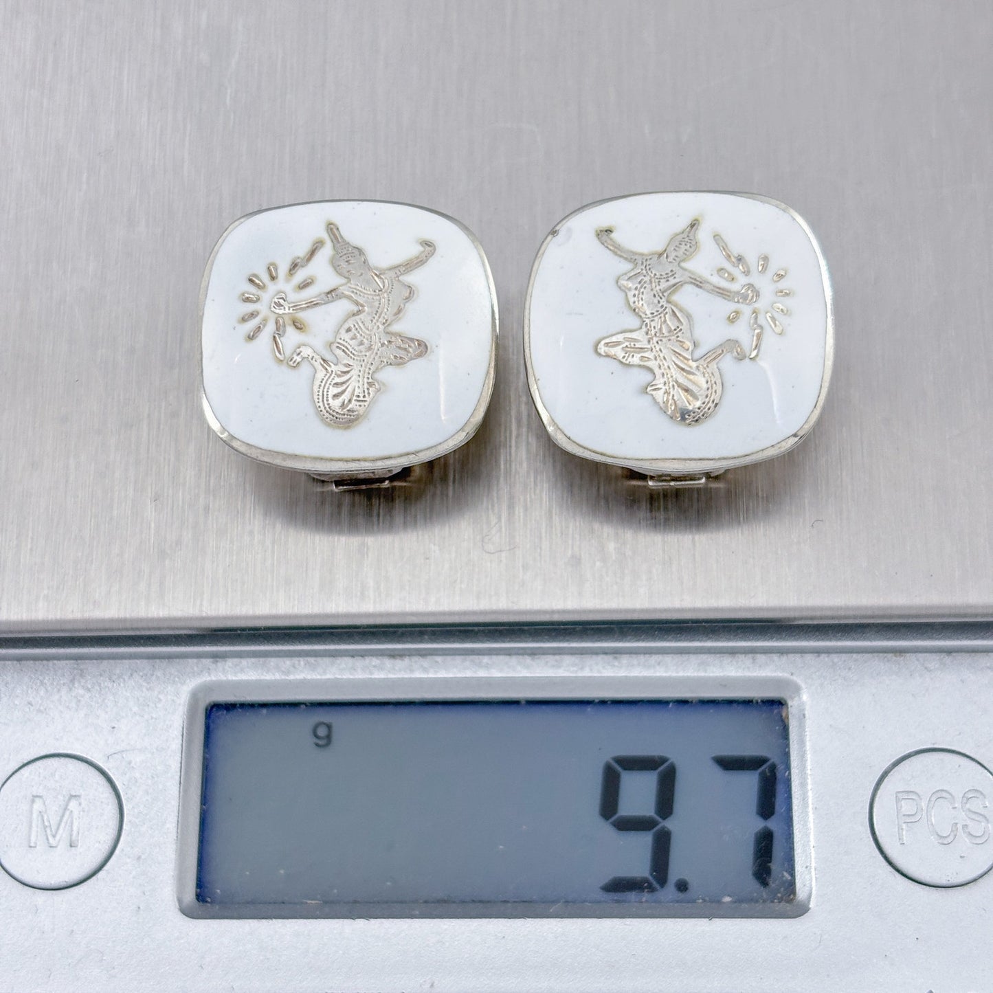 Vintage Sterling Silver 925 White Enamel Dancer Clip-On Earrings